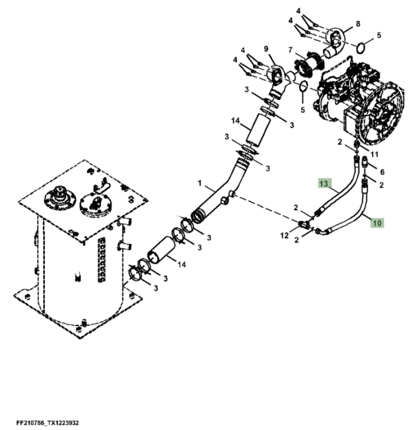 Hitachi ZX370F-FE-6N installation diagram showing hydraulic hose 4644625 at Pipe No. 10