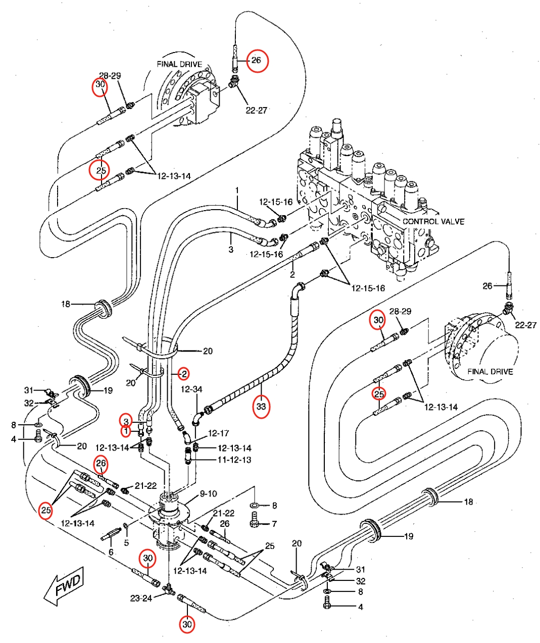 Caterpillar CAT®311B installation diagram showing hydraulic hose 7Y-7904 at Pipe No. 2