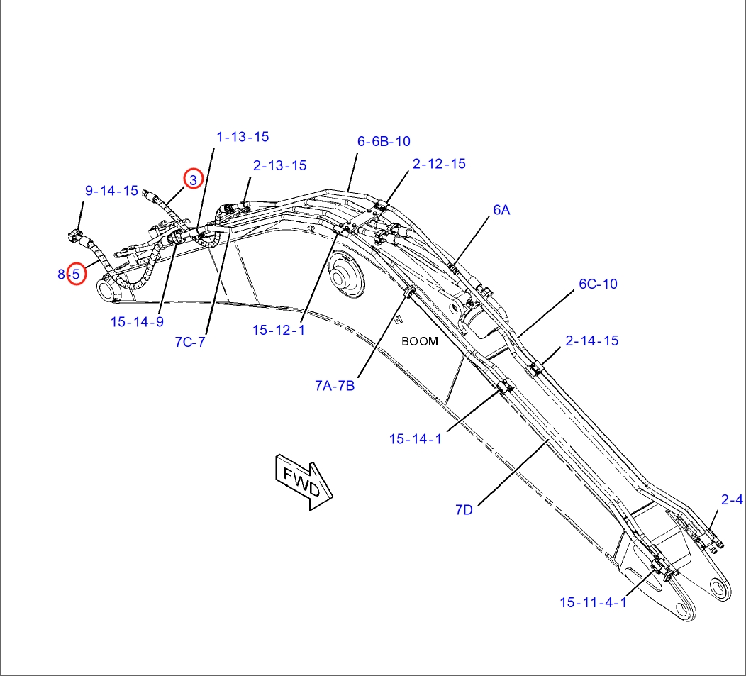 Caterpillar CAT®316E L installation diagram showing hydraulic hose 262-3538 at Pipe No. 5