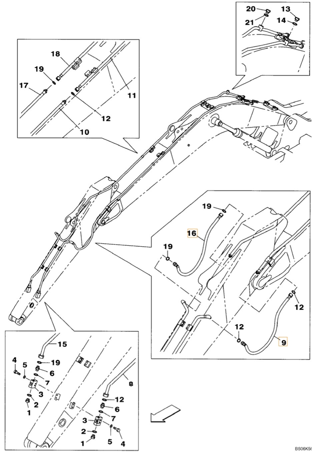 Case CX240B installation diagram showing hydraulic hose KRV19740 at Pipe No. 16