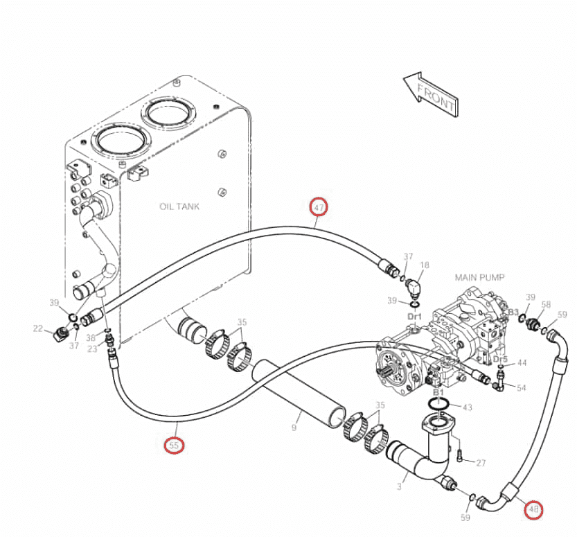 Doosan DX140LC installation diagram showing hydraulic hose DS2023318 at Pipe No. 48
