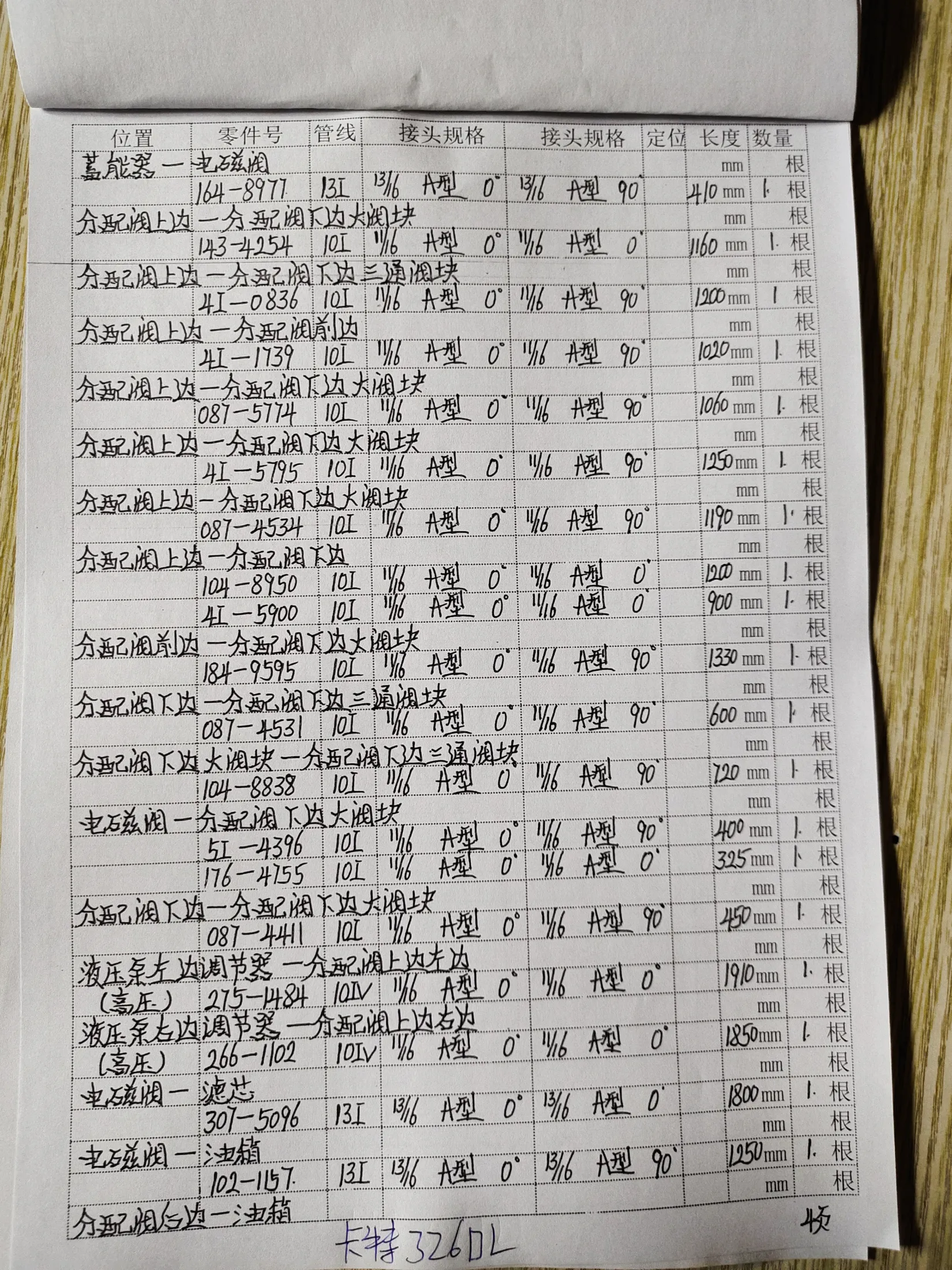 Caterpillar 326DL hydraulic hose part numbers and recorded lengths — technician notebook page 4 of 5 — recorded hose parts 087-441110I416, 4I-0836, 4I-1739