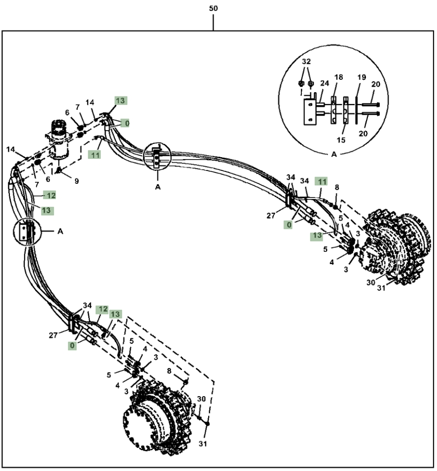 Hitachi ZX470LC-5G installation diagram showing hydraulic hose 4295191 at Pipe No. 13
