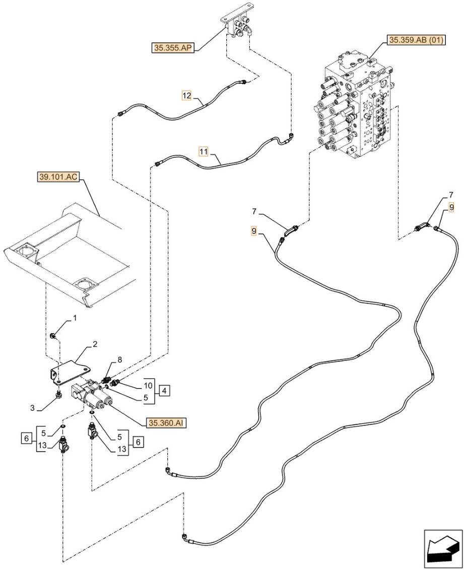 Case CX250D LC LR installation diagram showing hydraulic hose KHJ2092 at Pipe No. 11