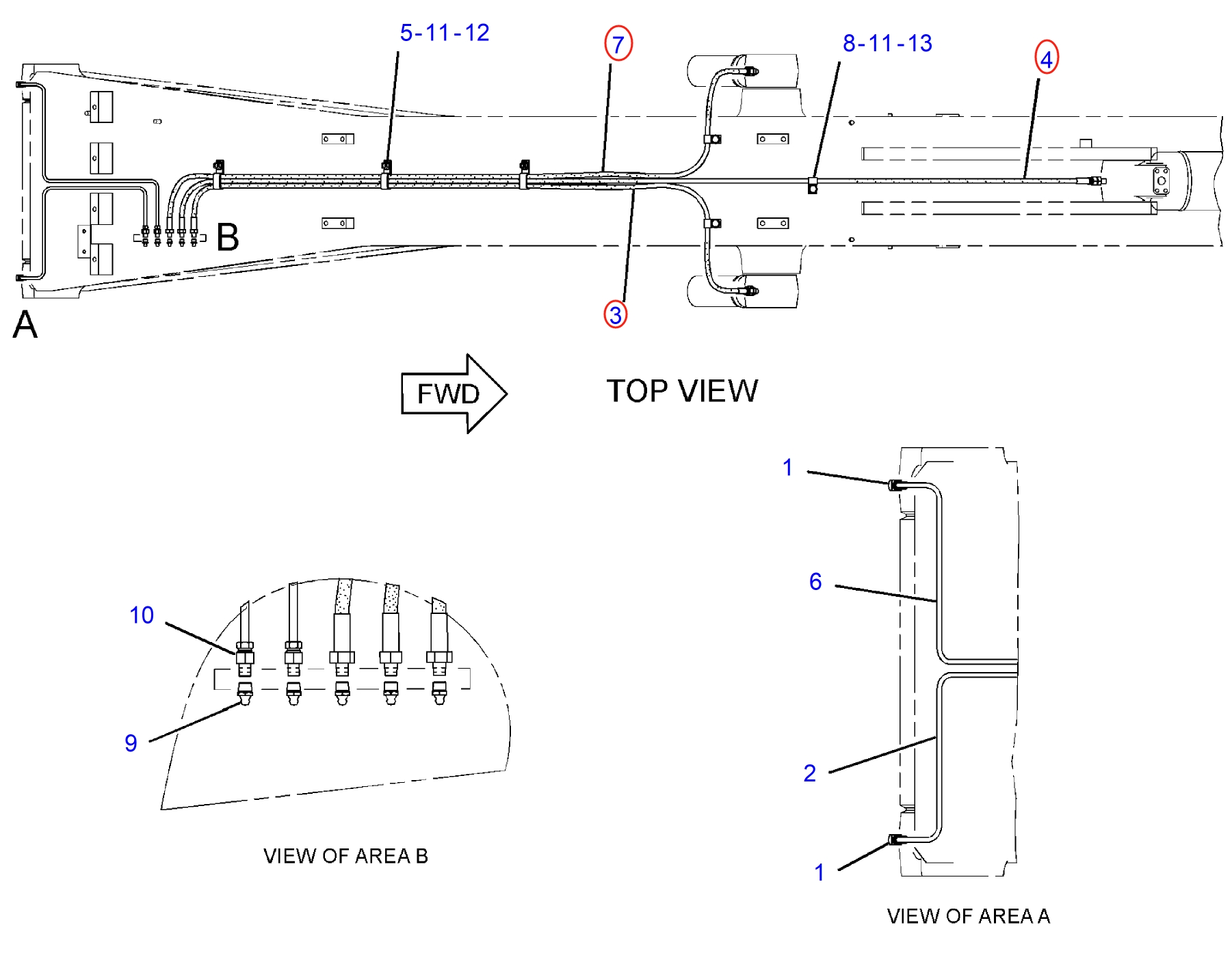 Caterpillar CAT®312D L installation diagram showing hydraulic hose 203-7401 at Pipe No. 7