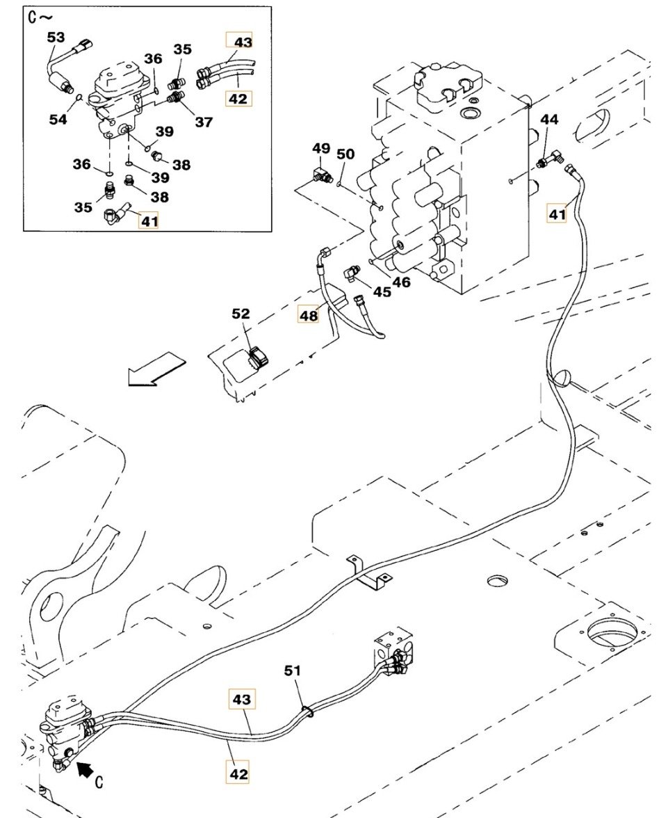 Case CX210B installation diagram showing hydraulic hose KHJ2309 at Pipe No. 48