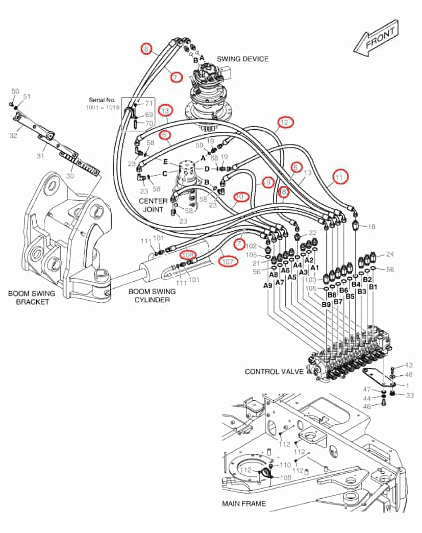 Doosan DX85R-3 installation diagram showing hydraulic hose DS2059637 at Pipe No. 7