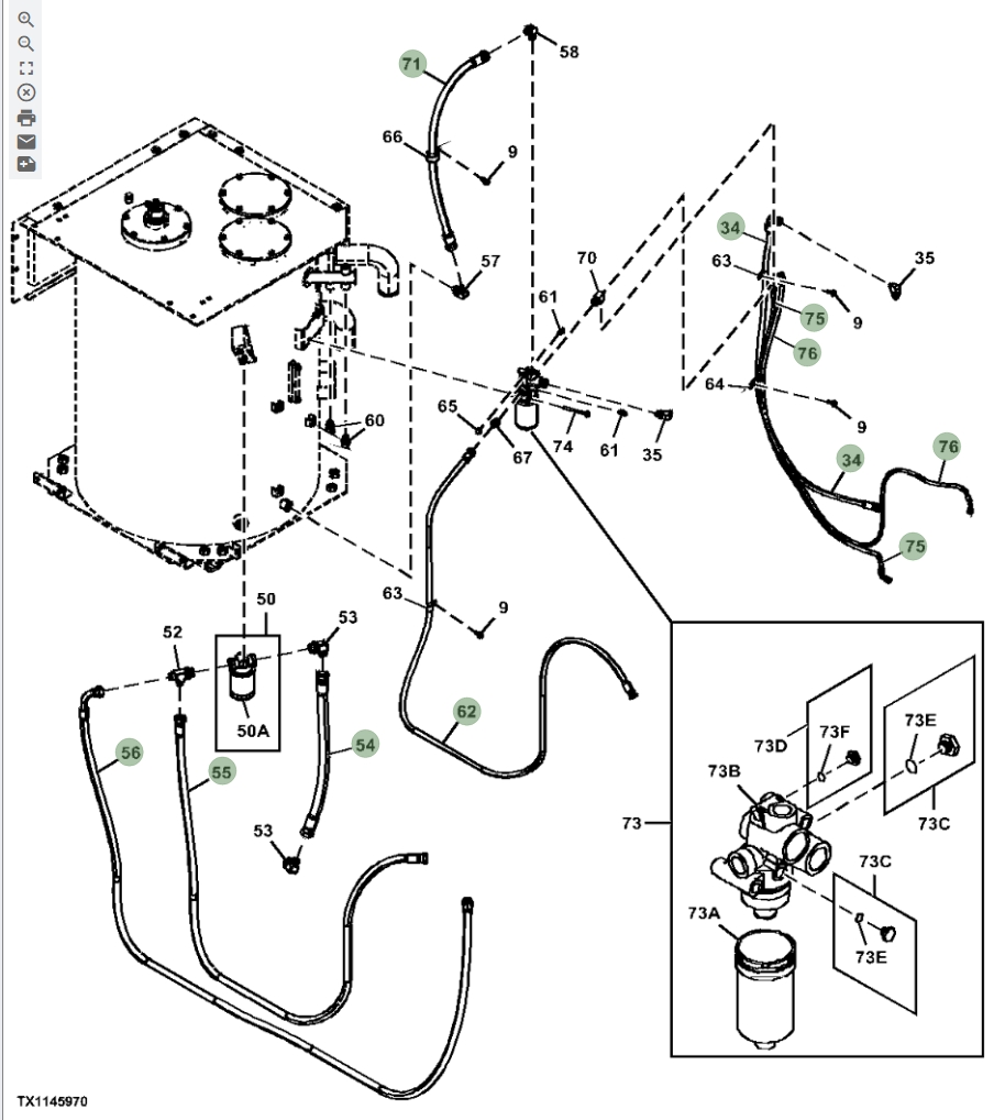 Hitachi ZX870LC-5G installation diagram showing hydraulic hose 4702359 at Pipe No. 55