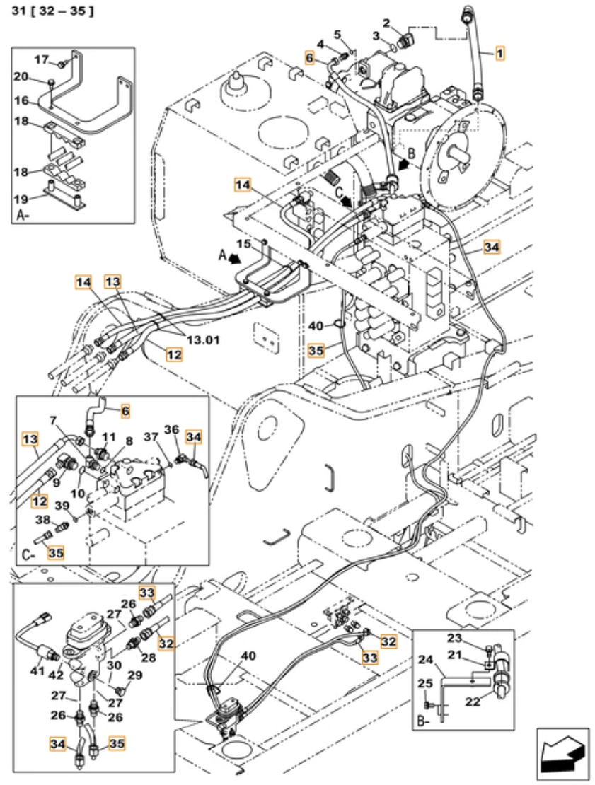Case CX380C LC installation diagram showing hydraulic hose KHJ2089 at Pipe No. 32