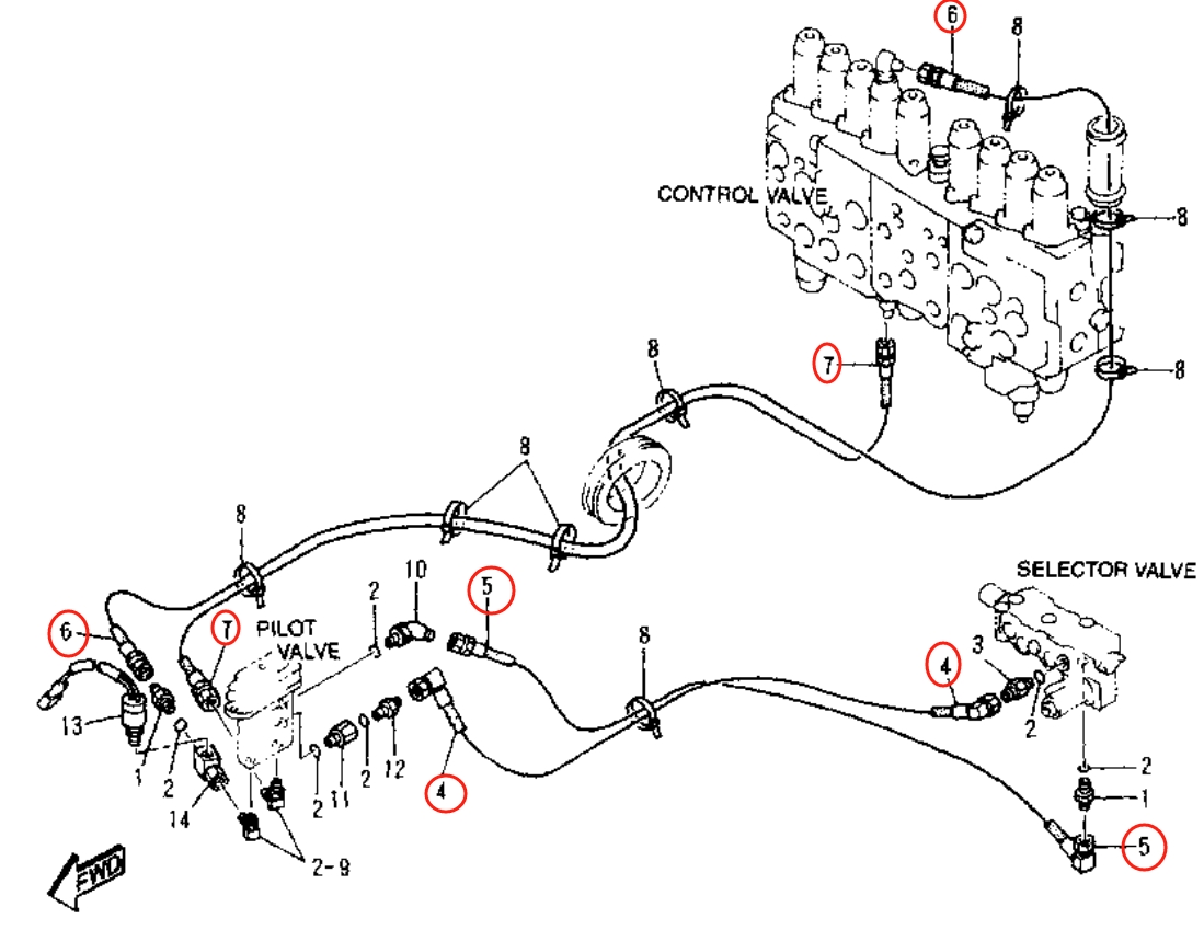 Caterpillar CAT®315B installation diagram showing hydraulic hose 4I-6233 at Pipe No. 7