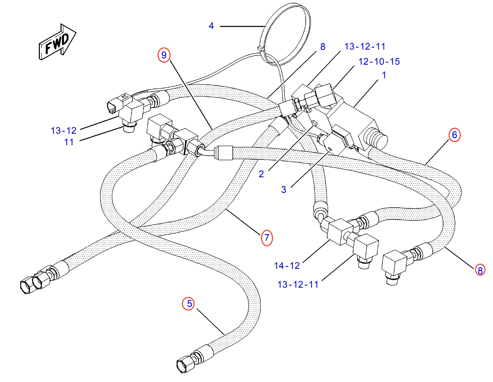 Caterpillar CAT®M312 installation diagram showing hydraulic hose 138-1904 at Pipe No. 5
