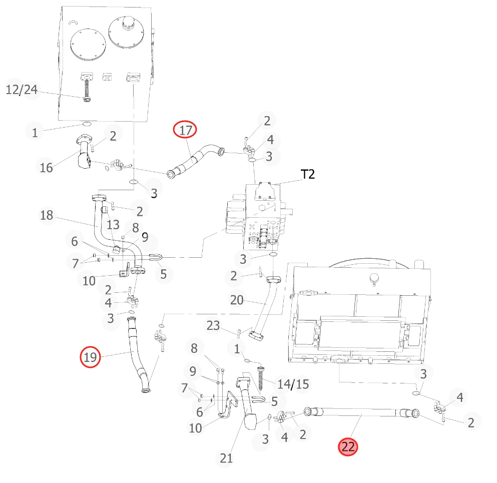 Sunward SWE215F-5 installation diagram showing hydraulic hose 73050200B199 at Pipe No. 17