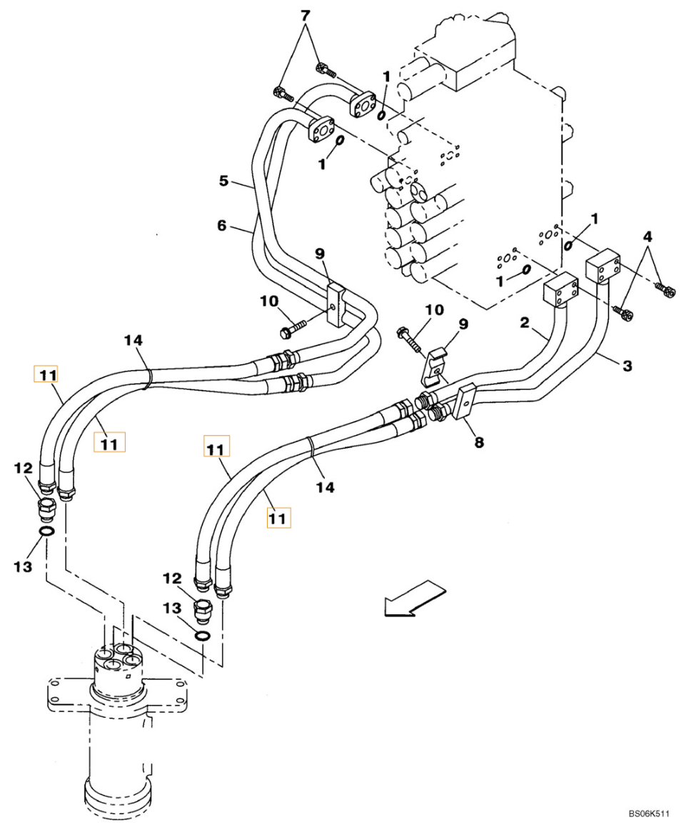 Case CX250C installation diagram showing hydraulic hose KBJ10430 at Pipe No. 11