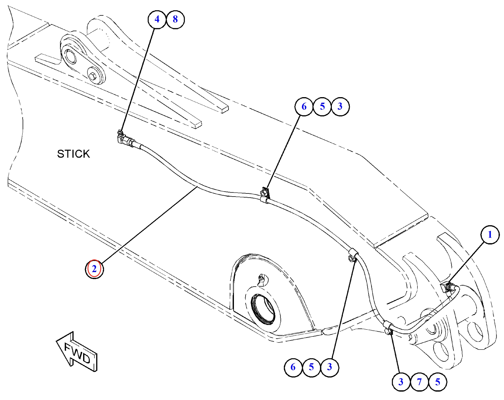 Caterpillar CAT®312F GC installation diagram showing hydraulic hose 108-9097 at Pipe No. 2