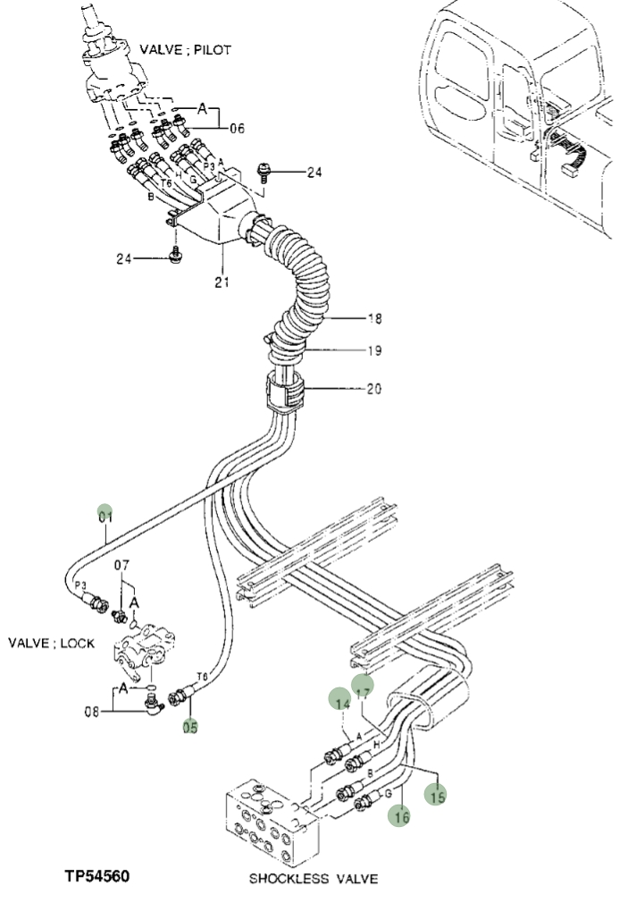 Hitachi EX110-5 installation diagram showing hydraulic hose 4351193 at Pipe No. 17