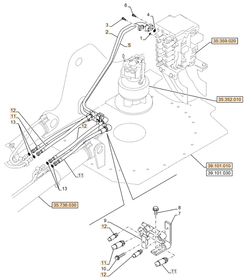 Case CX130E installation diagram showing hydraulic hose KLJ10660 at Pipe No. 11