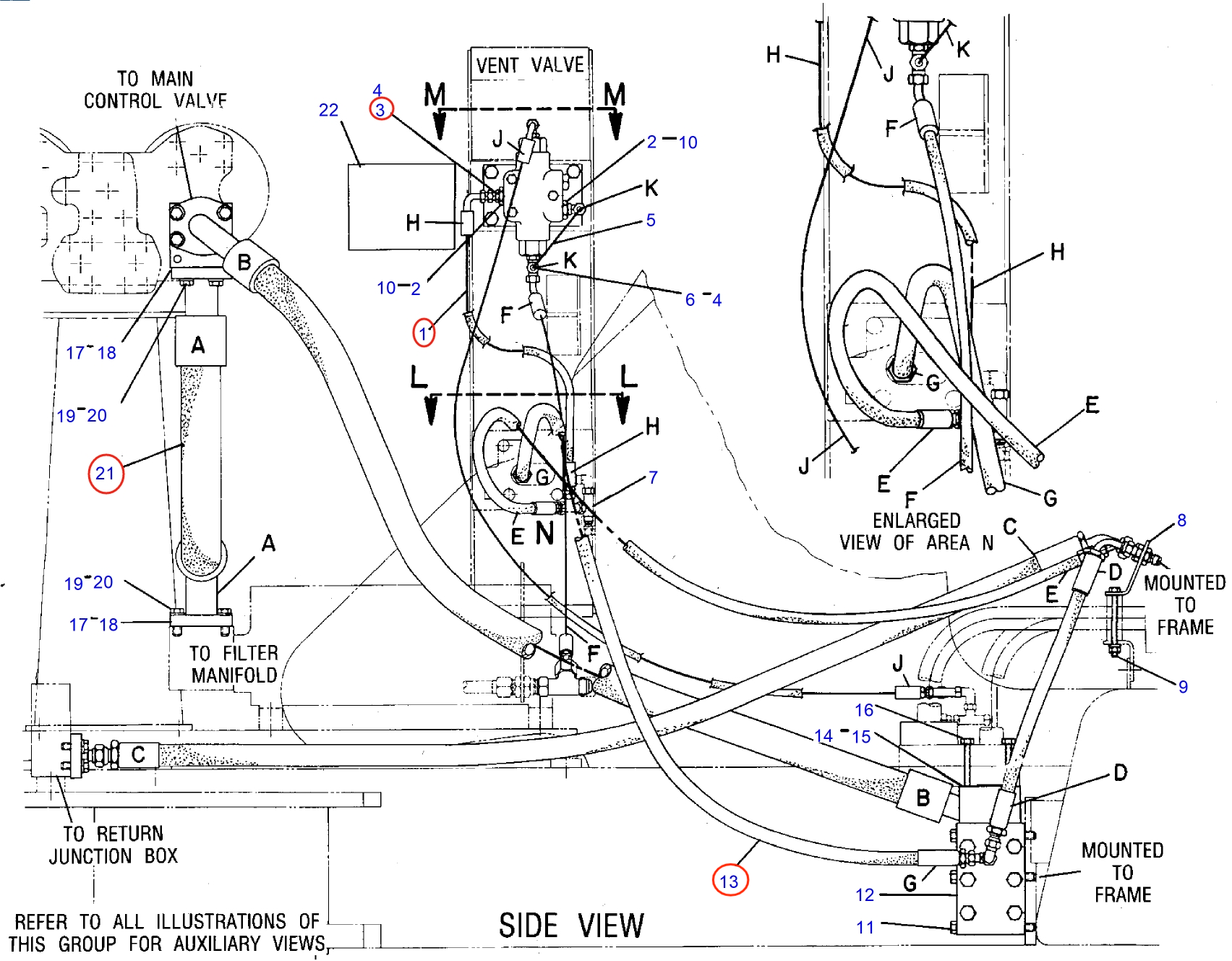 Caterpillar CAT®245D installation diagram showing hydraulic hose 8V-8233 at Pipe No. 13
