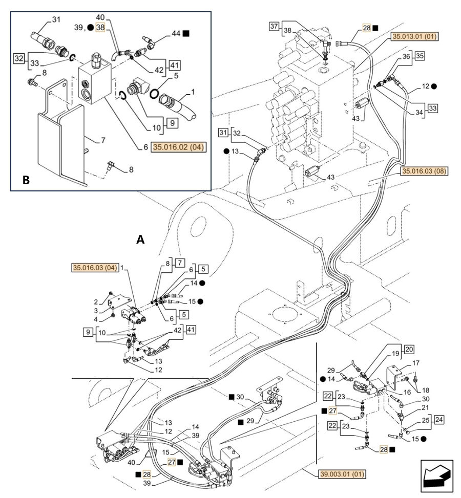 Case CX350C LC installation diagram showing hydraulic hose KHJ19000 at Pipe No. A28