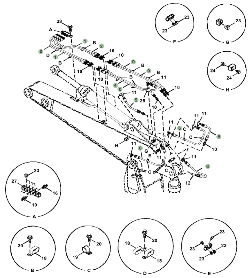 Hitachi ZX470LC-5B installation diagram showing hydraulic hose 4269797 at Pipe No. 8