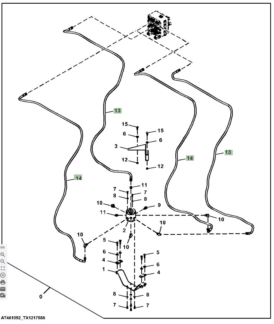 Hitachi ZX870LC-6 installation diagram showing hydraulic hose 4648203 at Pipe No. 14