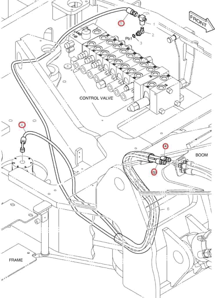 Doosan DX80R installation diagram showing hydraulic hose DS2094354 at Pipe No. 5