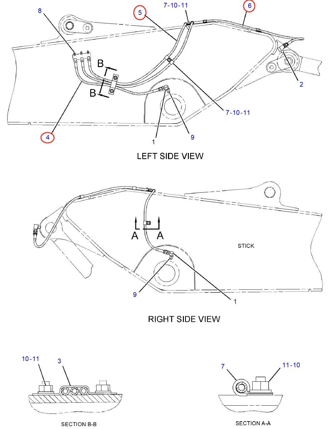 Caterpillar CAT®312E installation diagram showing hydraulic hose 087-5899 at Pipe No. 4