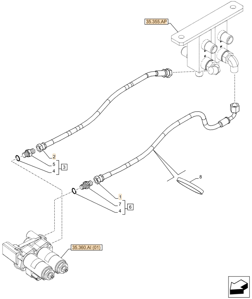Case CX490D RTC installation diagram showing hydraulic hose KHJ2093 at Pipe No. 1
