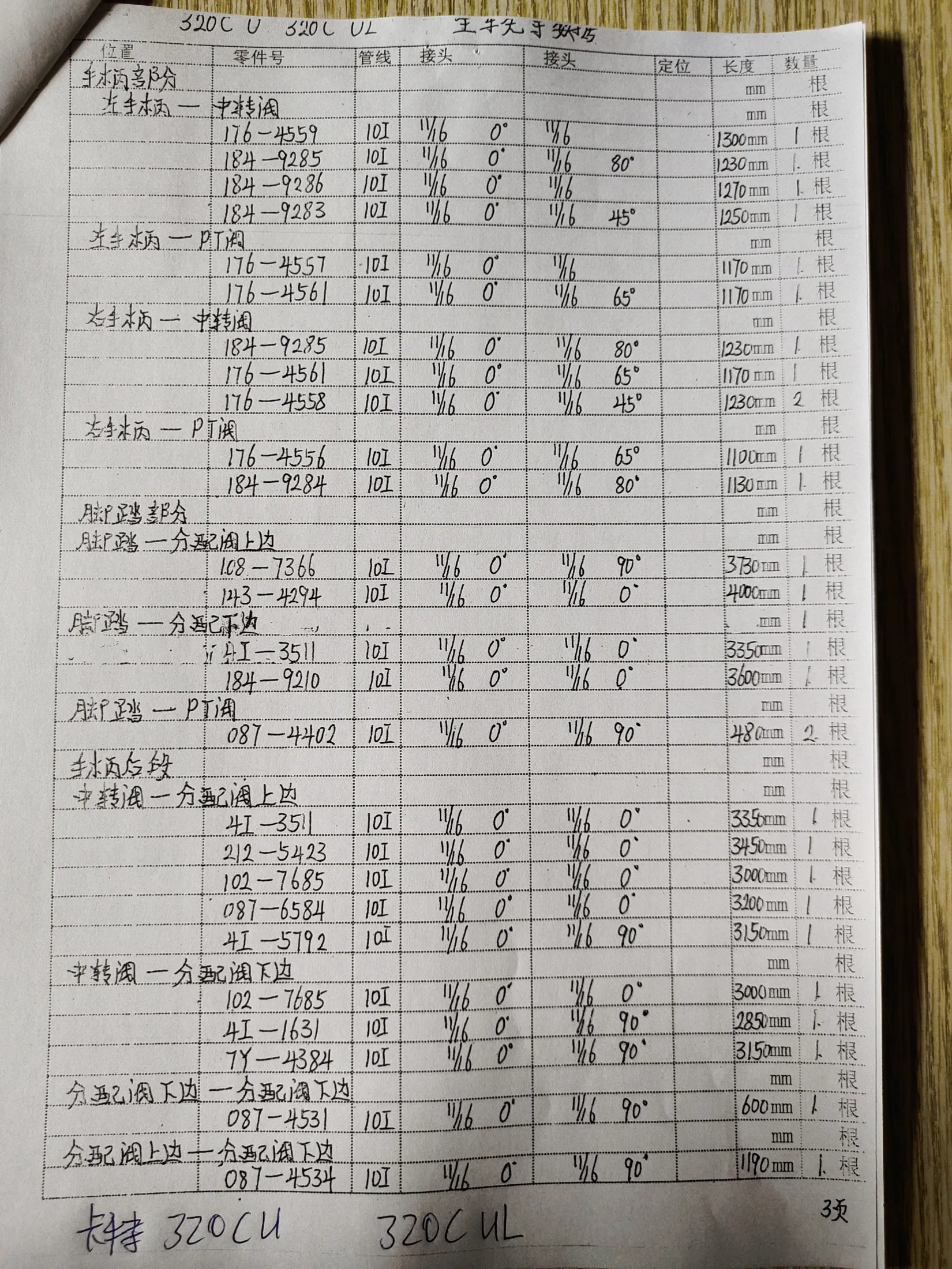 Caterpillar 320CUL hydraulic hose part numbers and recorded lengths — technician notebook page 3 of 6 — recorded hose parts 4I-1631, 7Y-4384