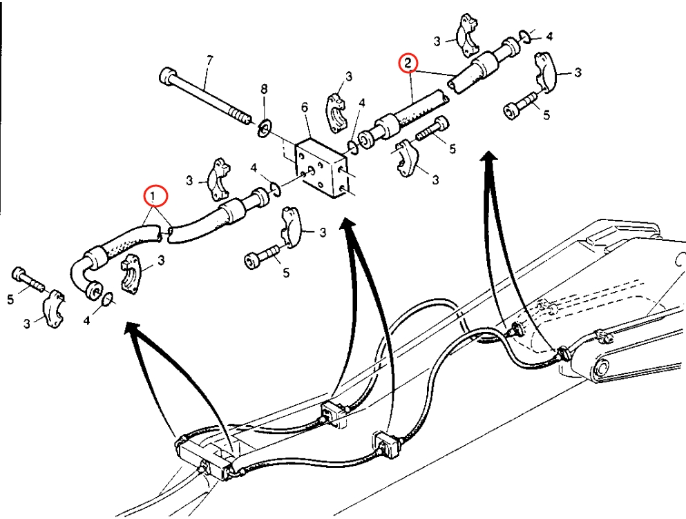 Caterpillar CAT®214B installation diagram showing hydraulic hose 8U-1882 at Pipe No. 2