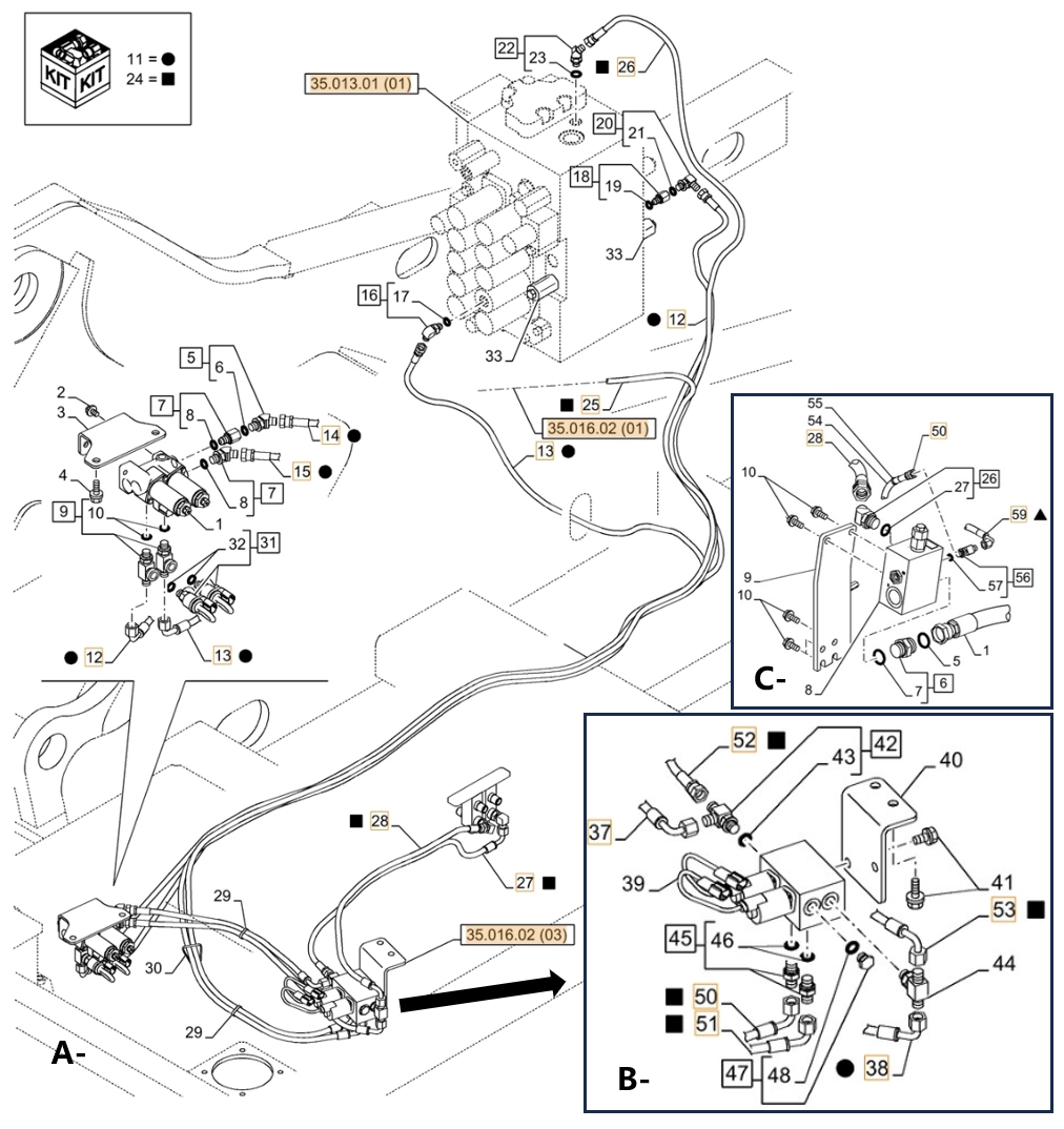 Case CX210C LC installation diagram showing hydraulic hose KHJ2194 at Pipe No. A15-B38