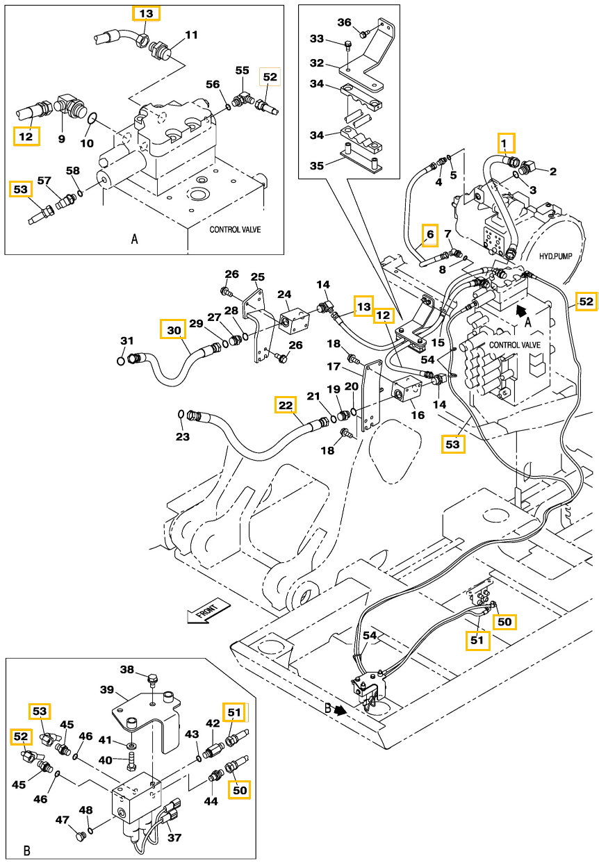 Case CX250C installation diagram showing hydraulic hose KHJ15170 at Pipe No. 52