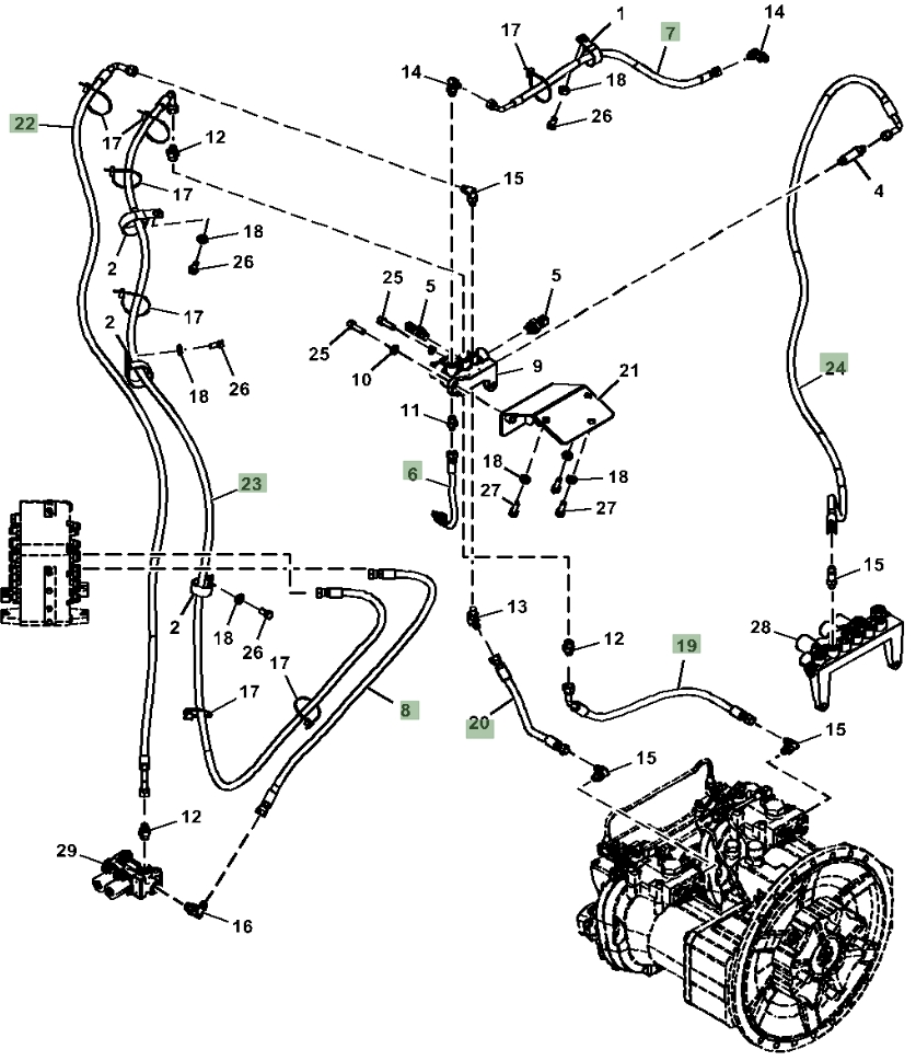 Hitachi ZX380LC-6N installation diagram showing hydraulic hose FF532544 at Pipe No. 22