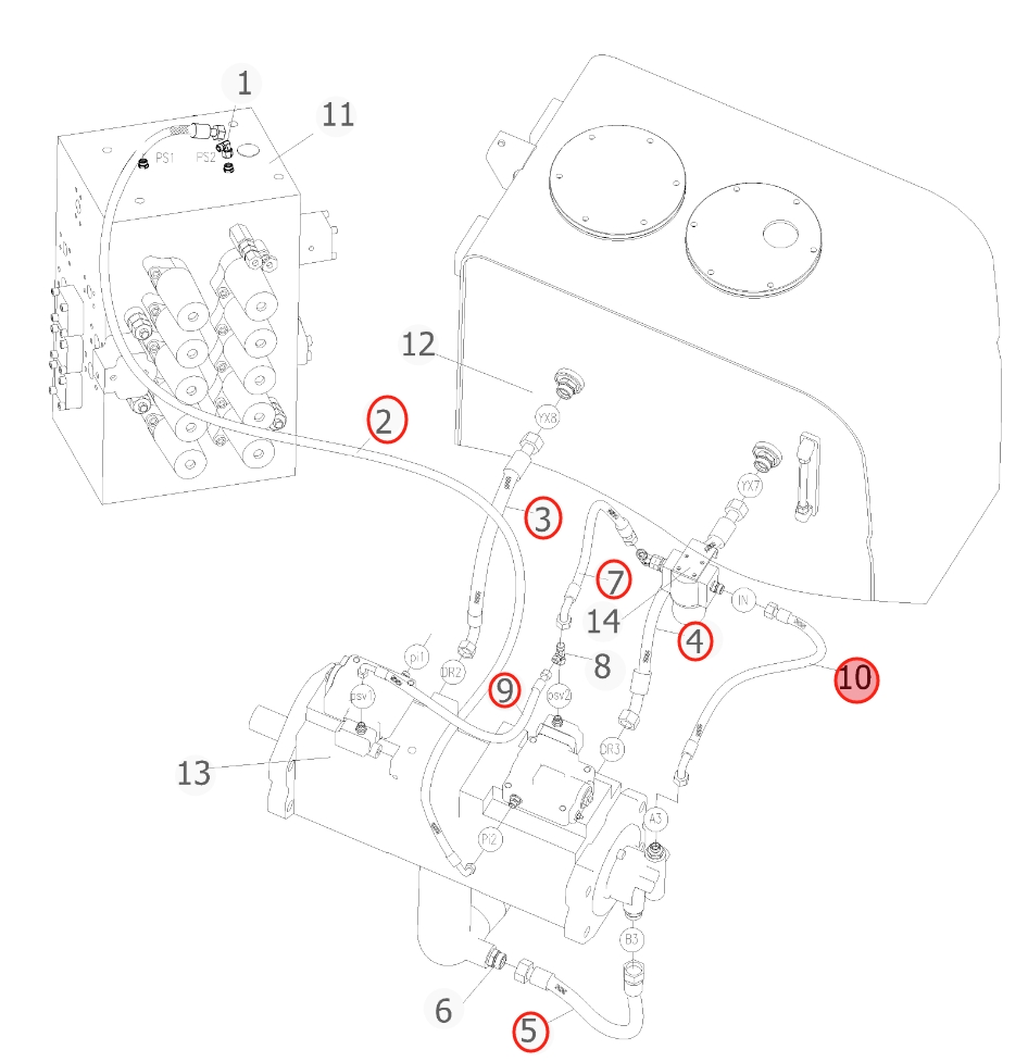 Sunward SWE500ES installation diagram showing hydraulic hose 73050200B511 at Pipe No. 4