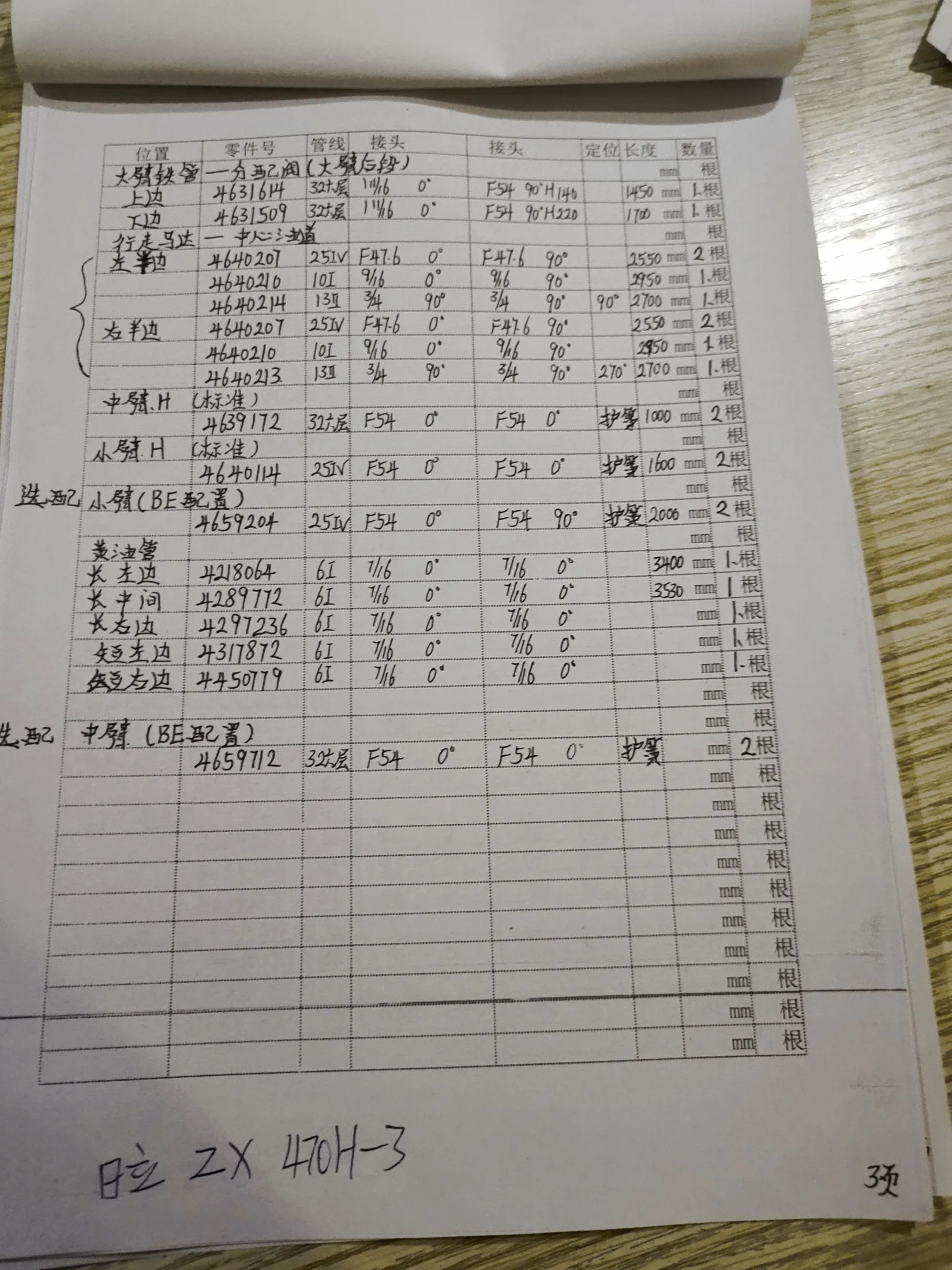 日立 ZX470H-3液压胶管零件号及记录长度— 技术员笔记页3共7页
