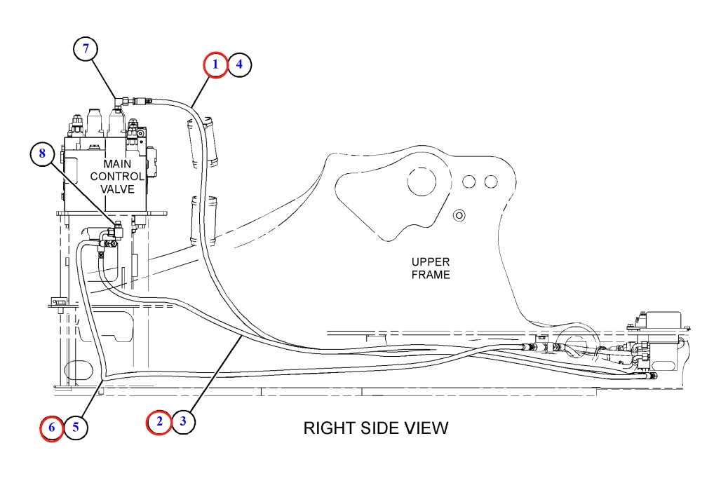 Caterpillar CAT®318F installation diagram showing hydraulic hose 108-7203 at Pipe No. 6