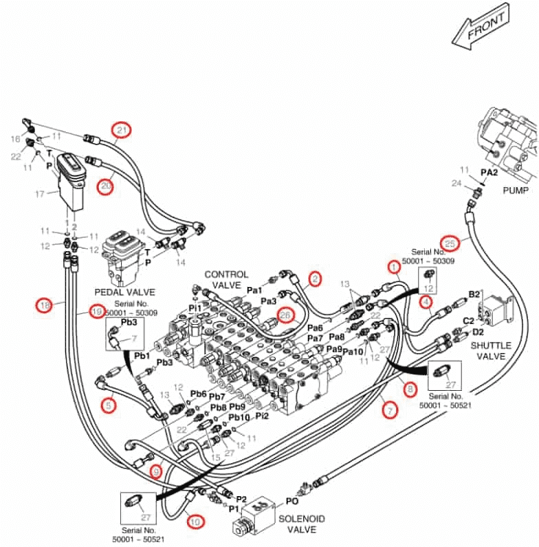 Doosan DX55 installation diagram showing hydraulic hose DS2093100 at Pipe No. 2