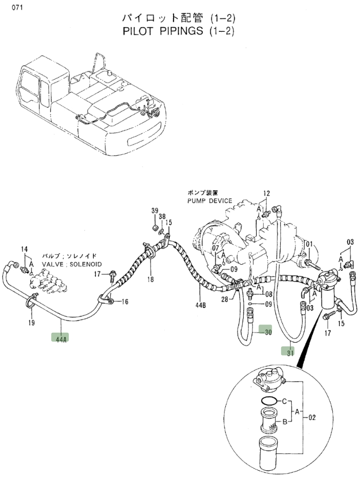 Hitachi EX300LC-3C installation diagram showing hydraulic hose 4197724 at Pipe No. 30