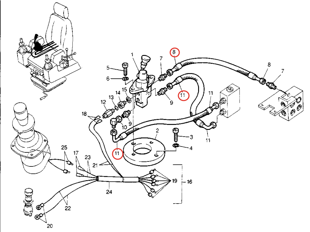 Caterpillar CAT®214B installation diagram showing hydraulic hose 8U-0350 at Pipe No. 8