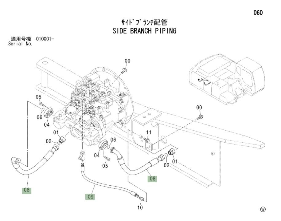 Hitachi ZX250 installation diagram showing hydraulic hose 4442133 at Pipe No. 9