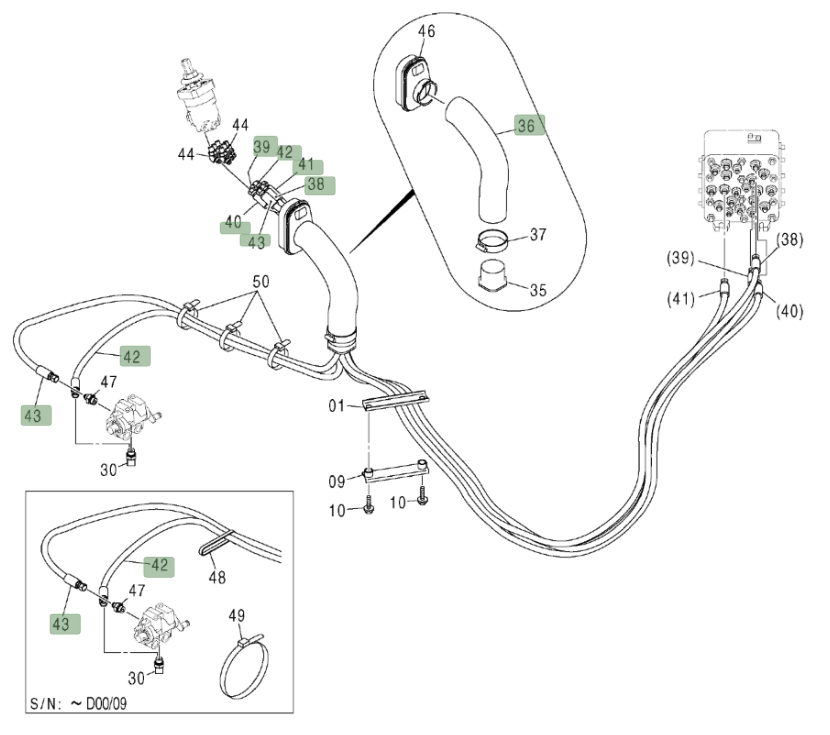 Hitachi ZX200LC installation diagram showing hydraulic hose 4438288 at Pipe No. 42