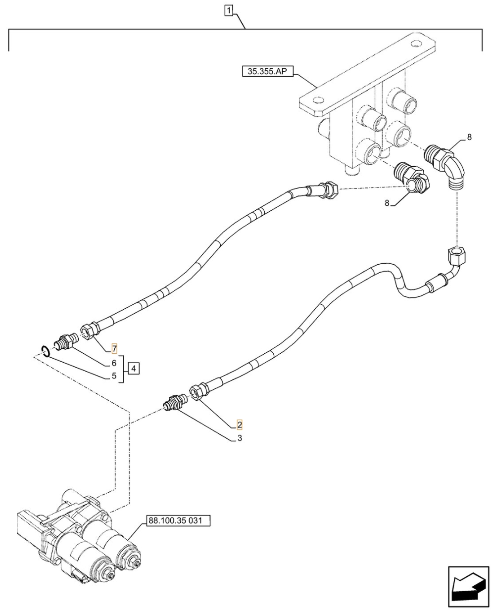 Case CX490D RTC installation diagram showing hydraulic hose KHJ2092 at Pipe No. 2