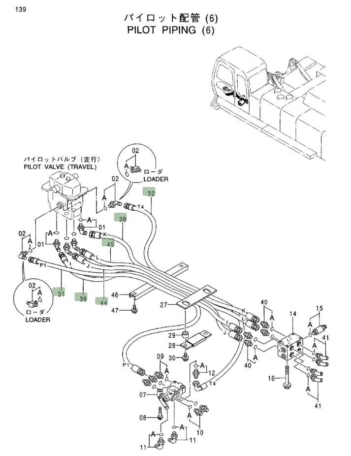 Hitachi EX750-5 installation diagram showing hydraulic hose 4366789 at Pipe No. 36
