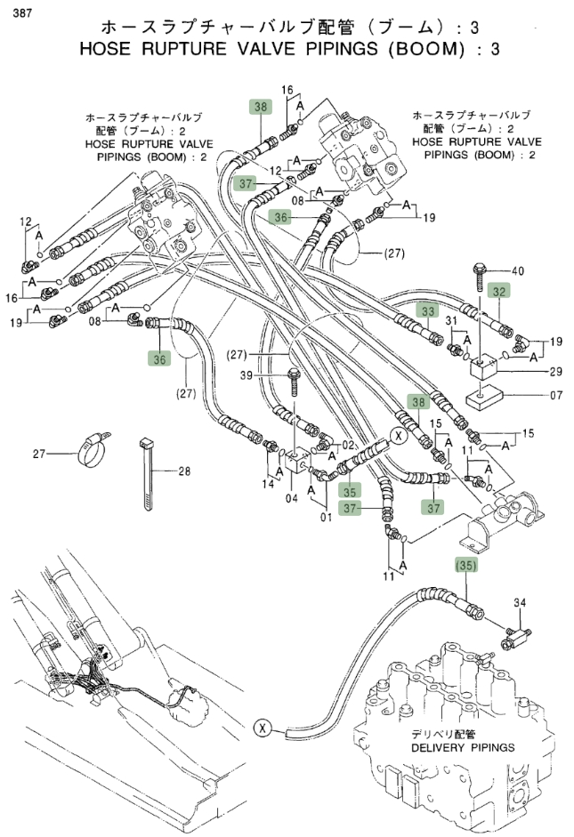 Hitachi EX400LC-3C installation diagram showing hydraulic hose 4322514 at Pipe No. 37
