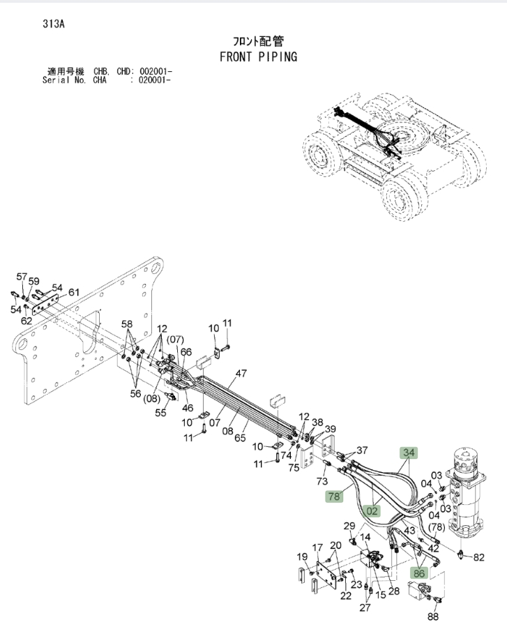 Hitachi ZX190W-3 installation diagram showing hydraulic hose 4436269 at Pipe No. 86A