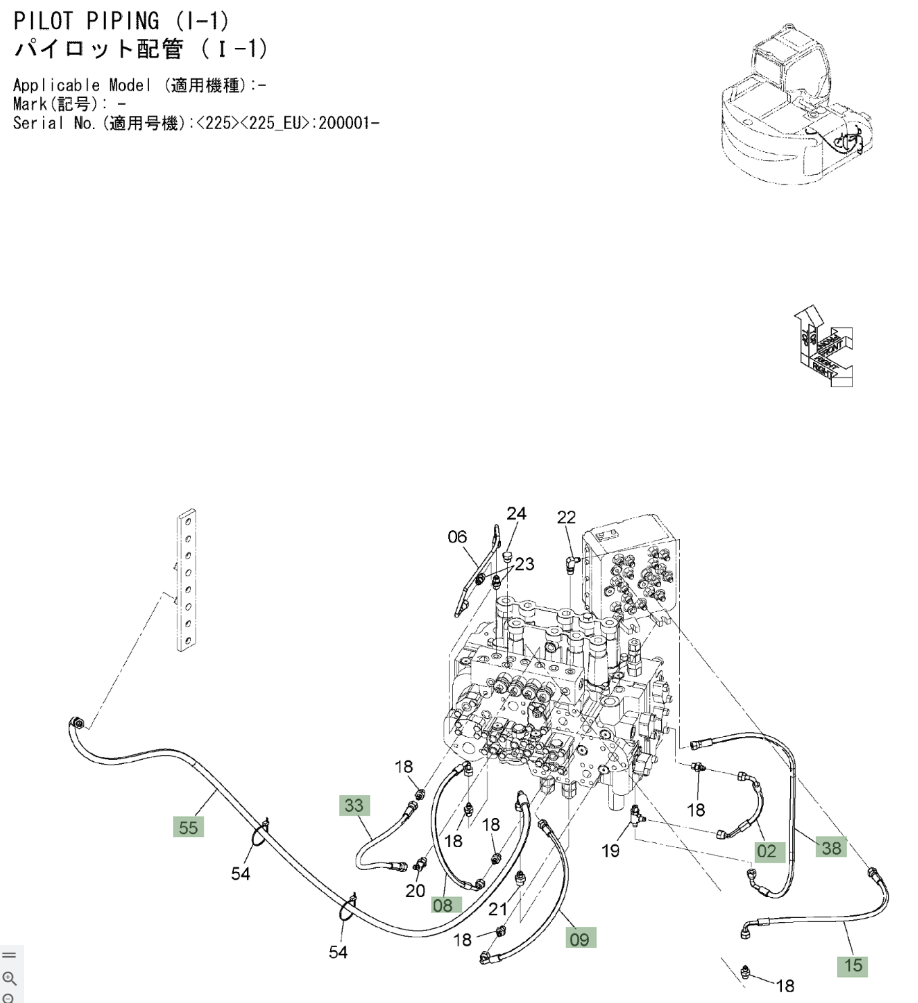 Hitachi ZX225USLC-3 installation diagram showing hydraulic hose 4630949 at Pipe No. 15