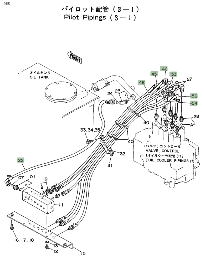 Hitachi EX200LC installation diagram showing hydraulic hose 4203066 at Pipe No. 45