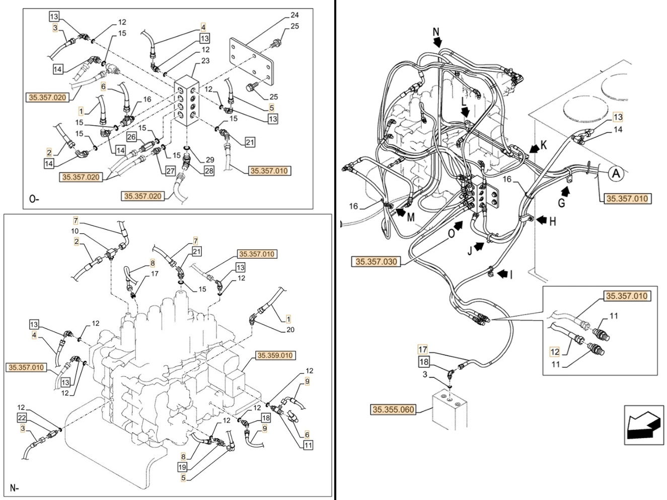 Case CX750D RTC ME installation diagram showing hydraulic hose KHJ2440 at Pipe No. 5