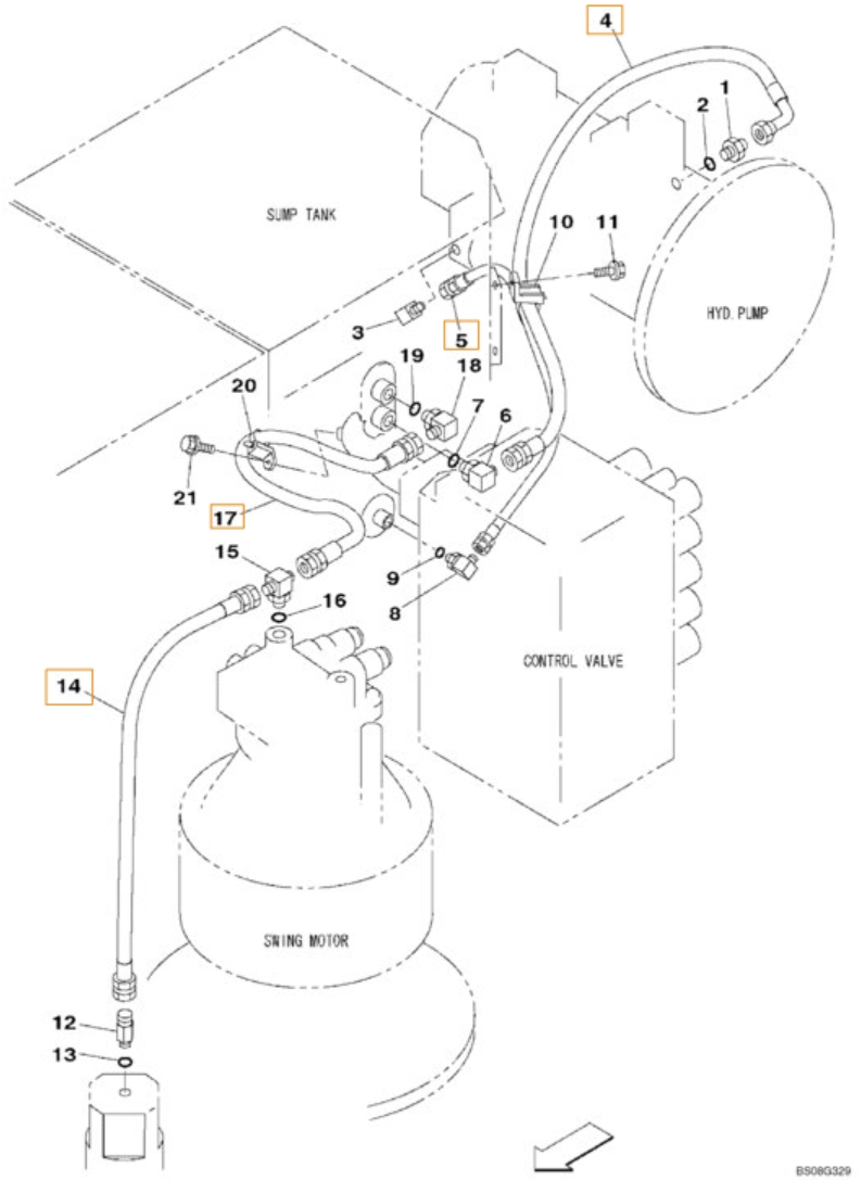 Case CX470B installation diagram showing hydraulic hose KTJ2048 at Pipe No. 5