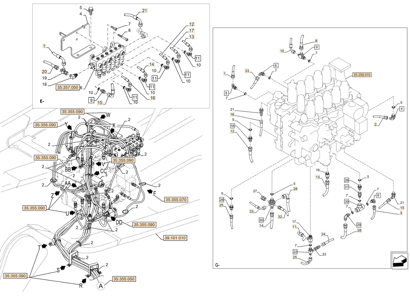 Case CX750D RTC ME installation diagram showing hydraulic hose KHJ2195 at Pipe No. 33