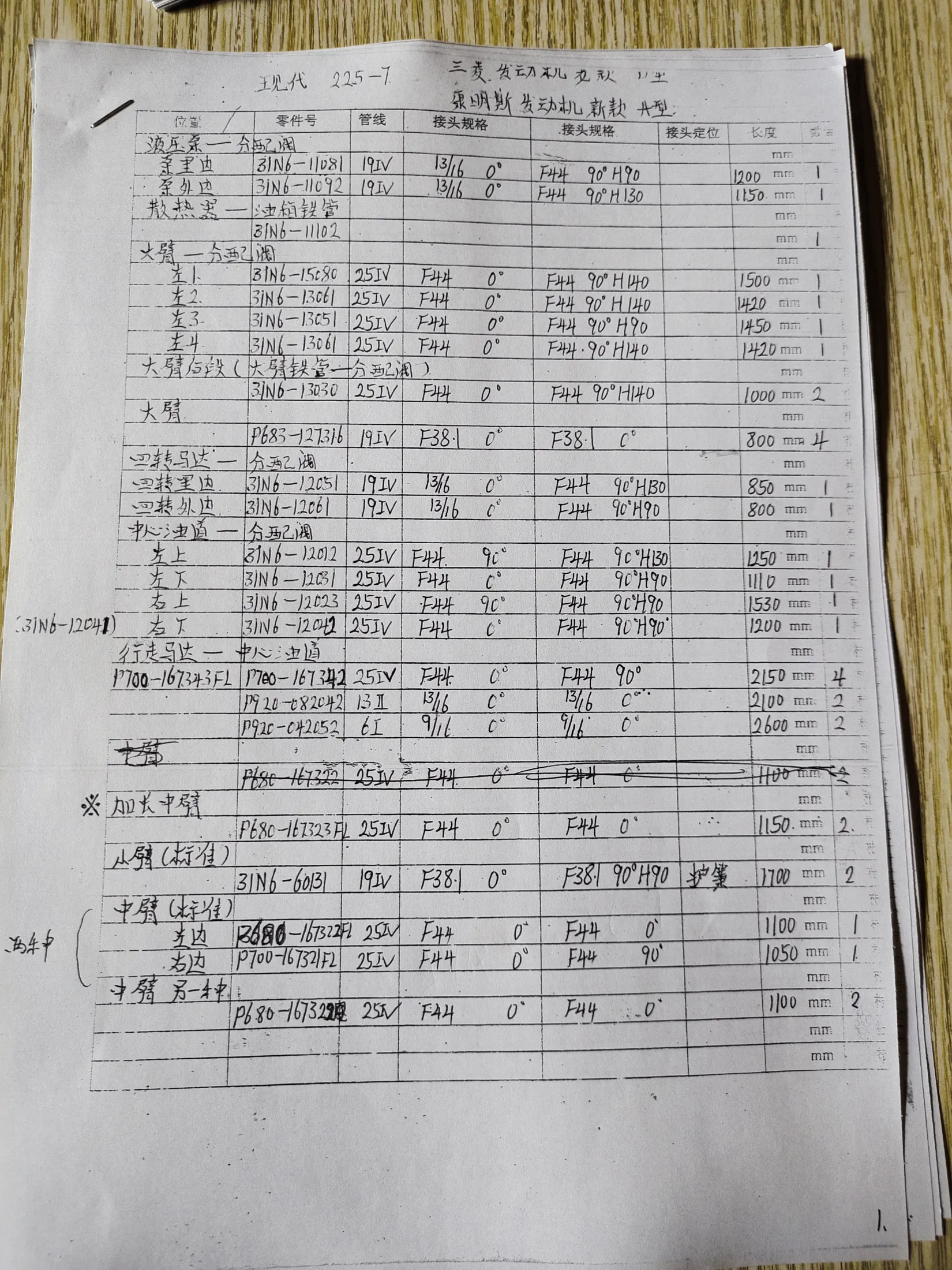 现代 R225-7液压胶管零件号及记录长度— 技术员笔记图像1共1张